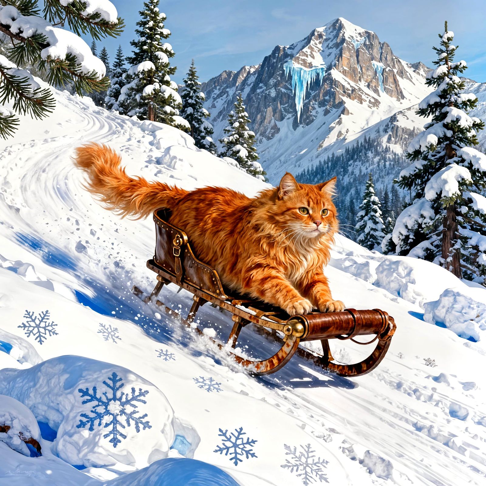 Orange Cat Zooms Down Snowy Hill on Vintage Sled