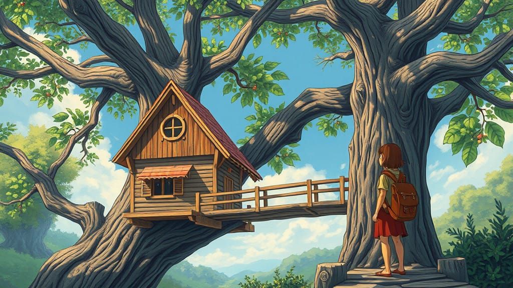 Whimsical Treehouse Village amidst a Majestic Forest, inspir...