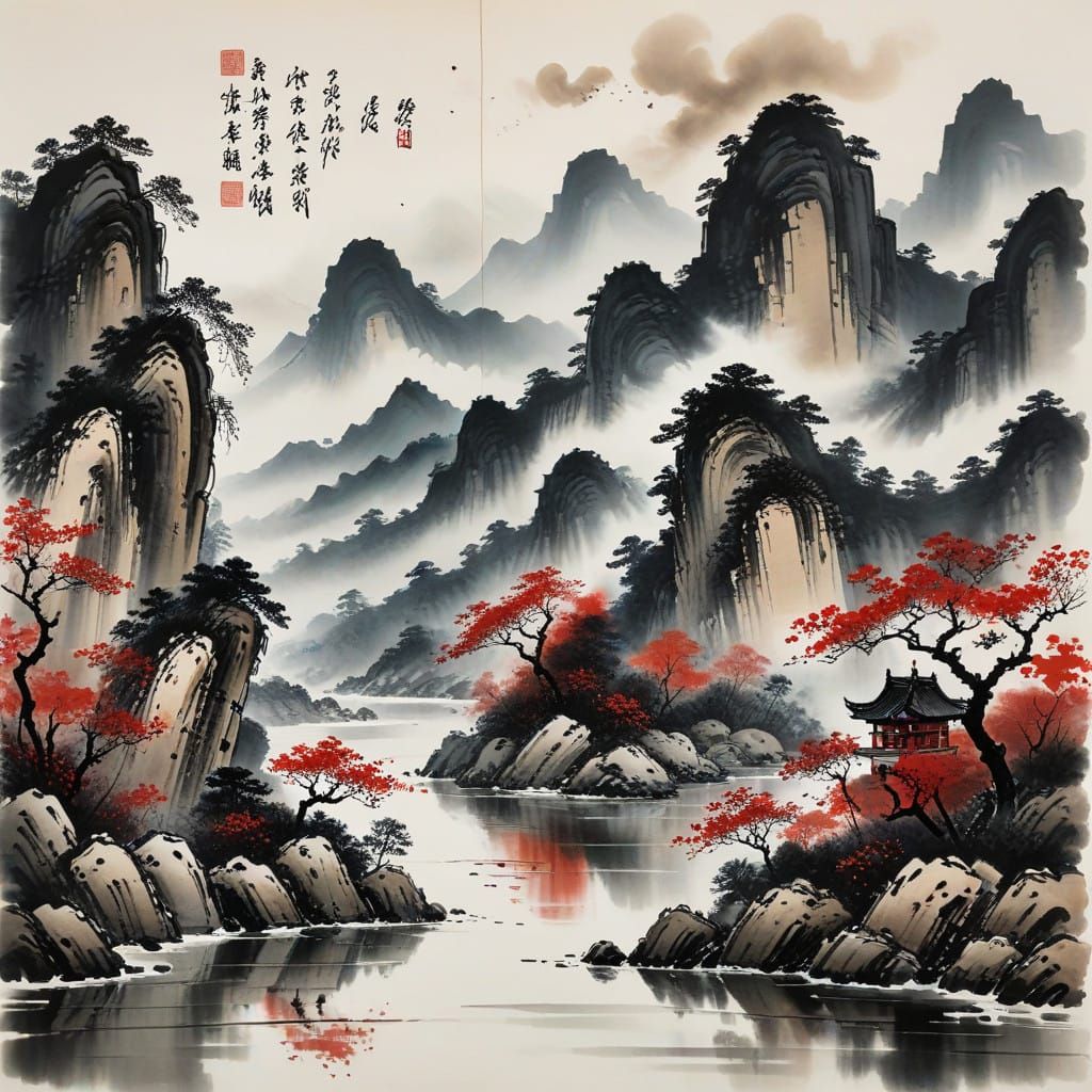 Serene Shuimo Landscape in Whimsical Ink Style
