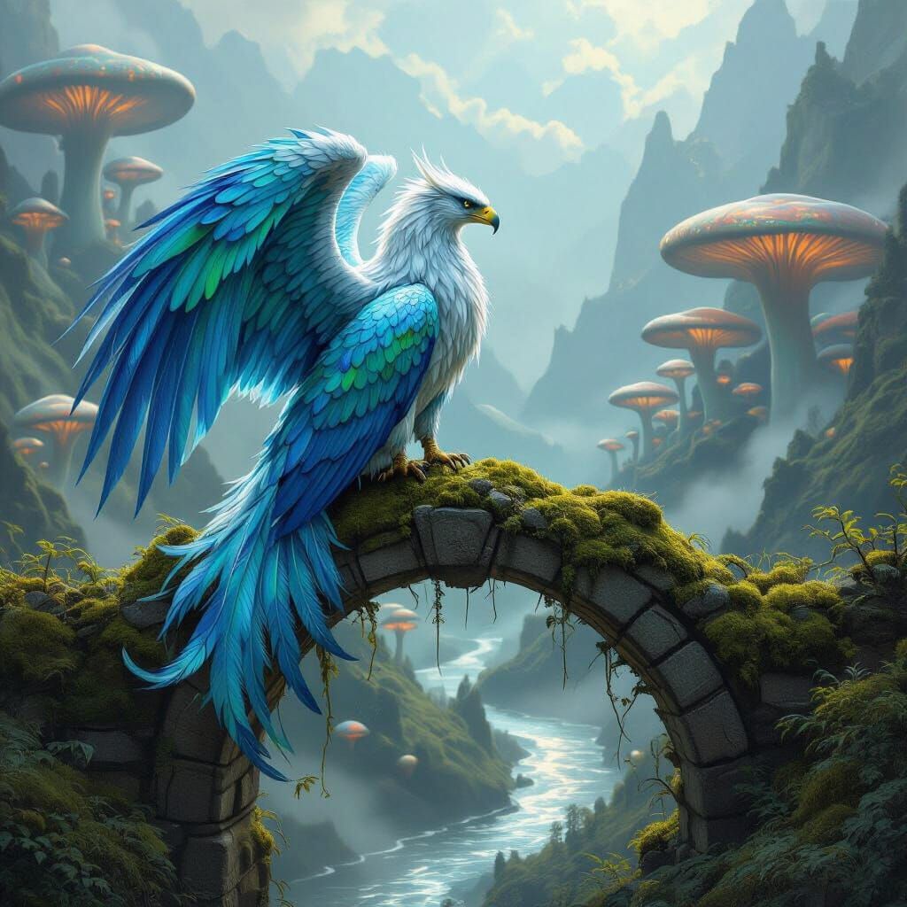 Griffin Overlooking Bioluminescent Valley, Fantasy Art