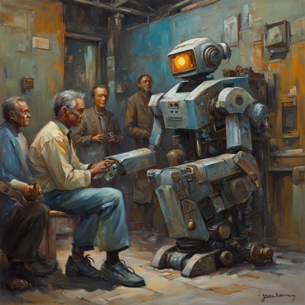 Cyberpunk Posthuman Robot Cityscape in Oil Painting