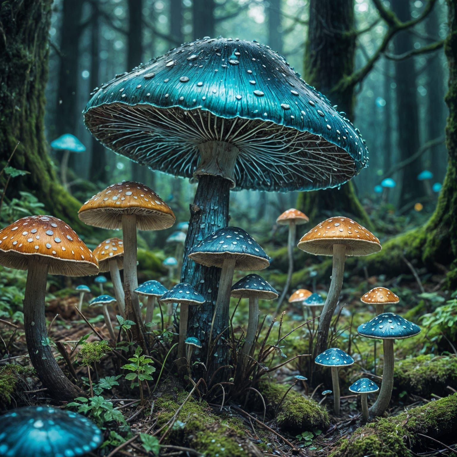 Luminous Mushroom Blooms in Dark Forest