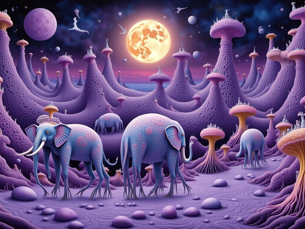 Surreal Elephants March Under a Vibrant Purple Moon