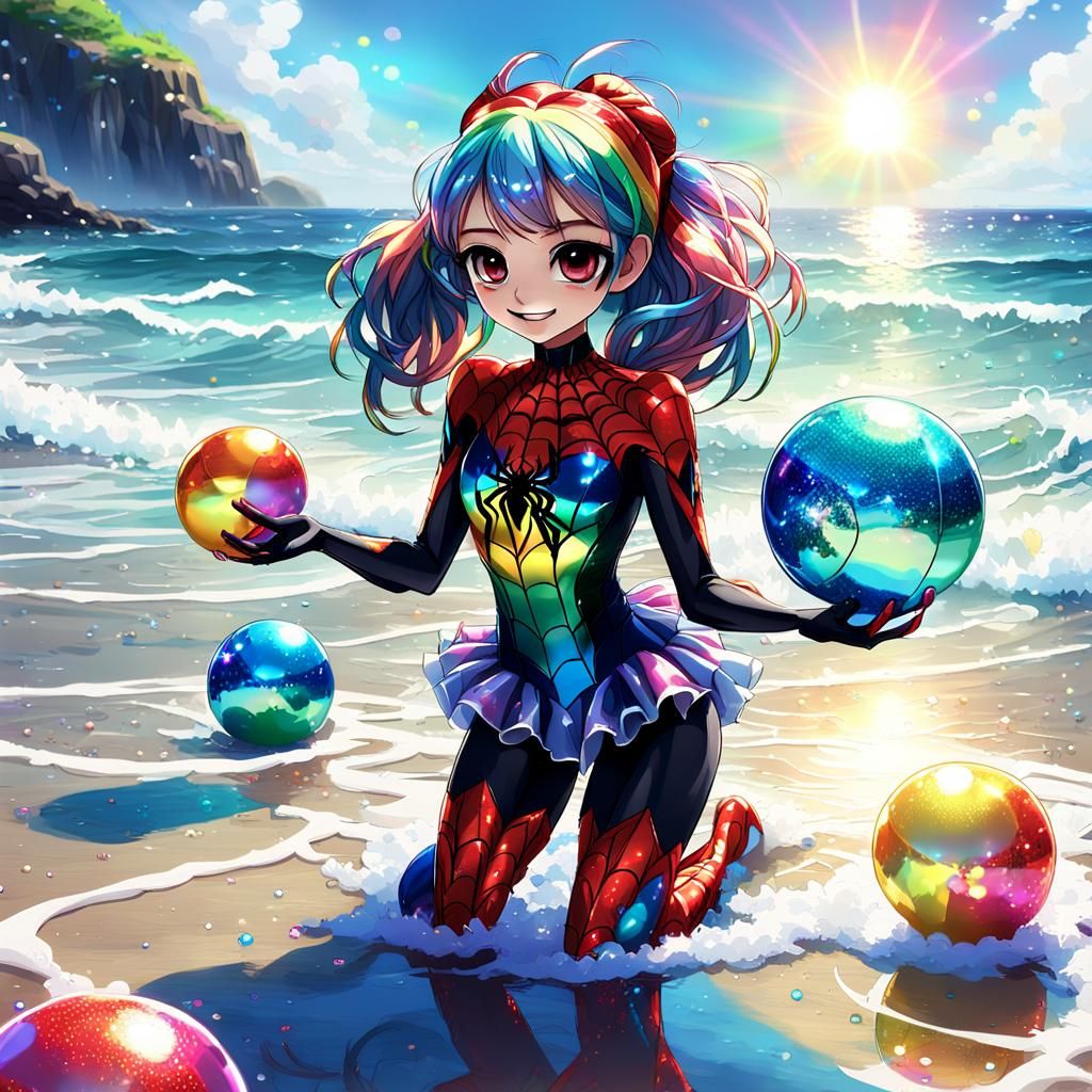 Adorable Spider Girl on the Beach in Anime Style