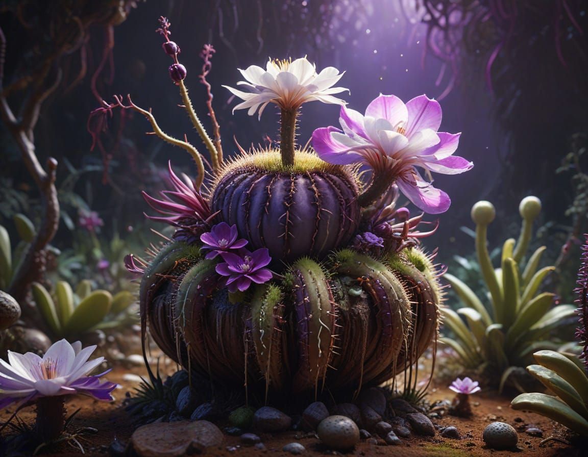 Surreal Cactus and Orchid Scene in Deep Fantasy Colors