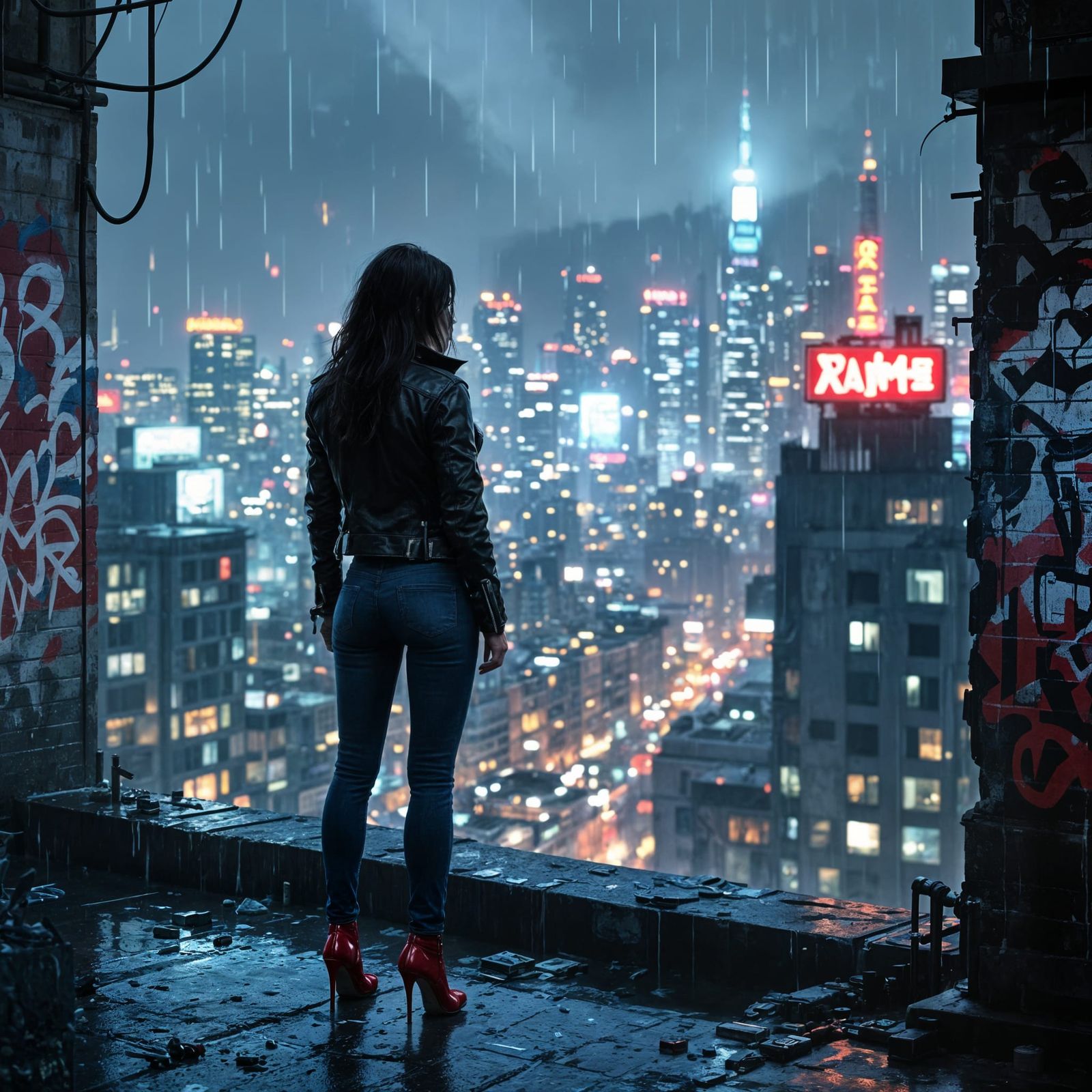 Cyberpunk Woman on Rooftop Overlooking Neon Cityscape