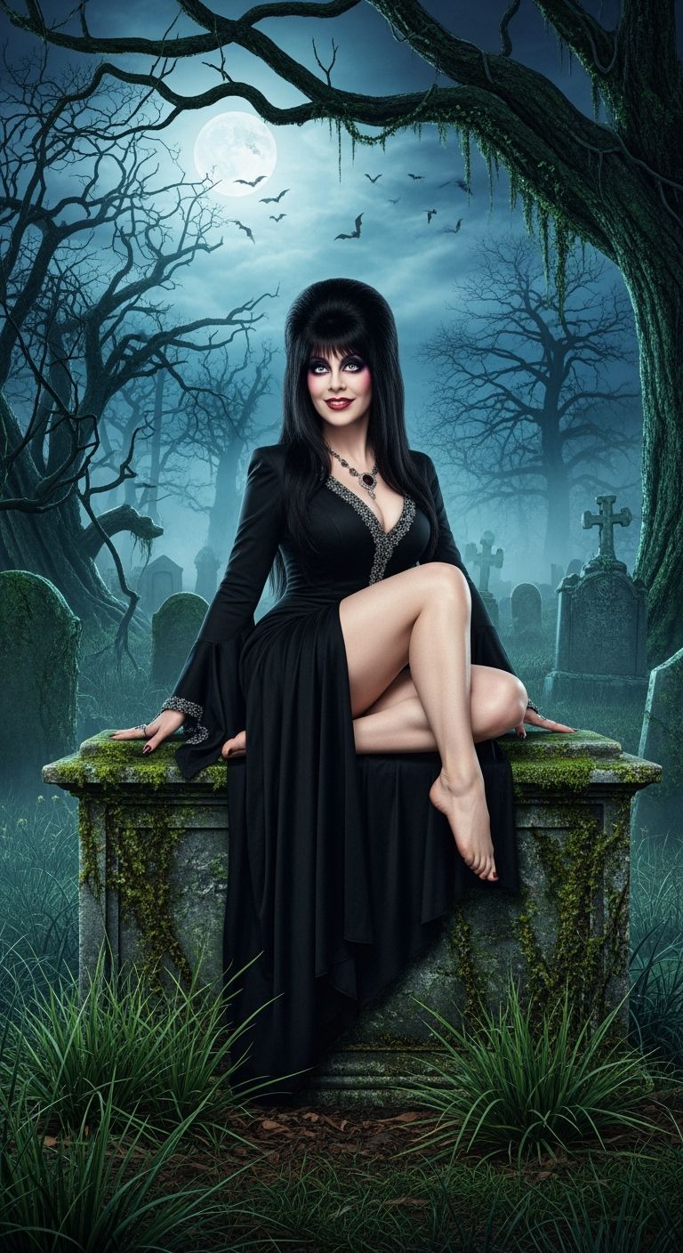 Elvira Pin-Up Pose on Haunted Crypt at Twilight
