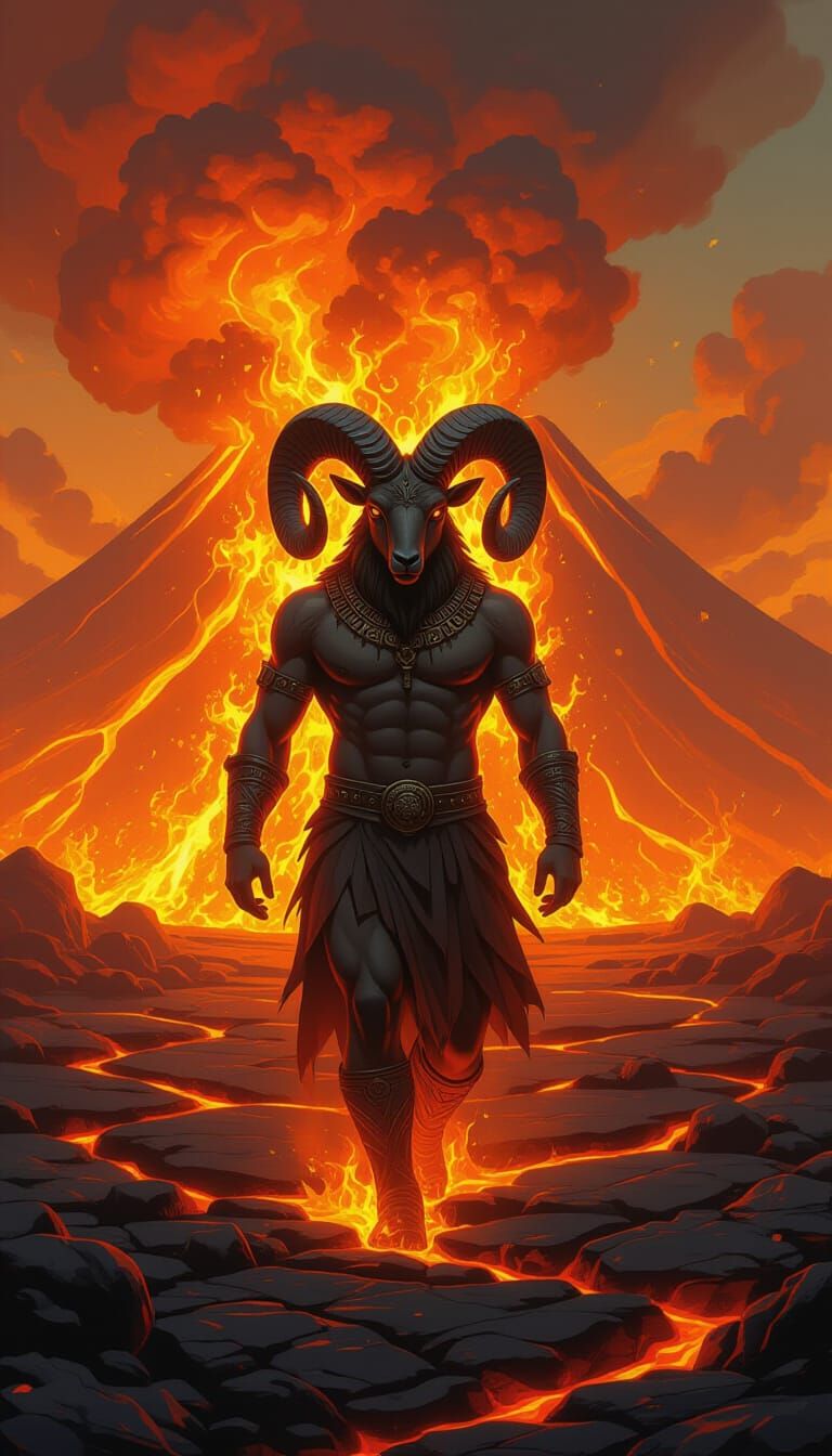Fiery Ram in Volcanic Landscape: Oil Painting