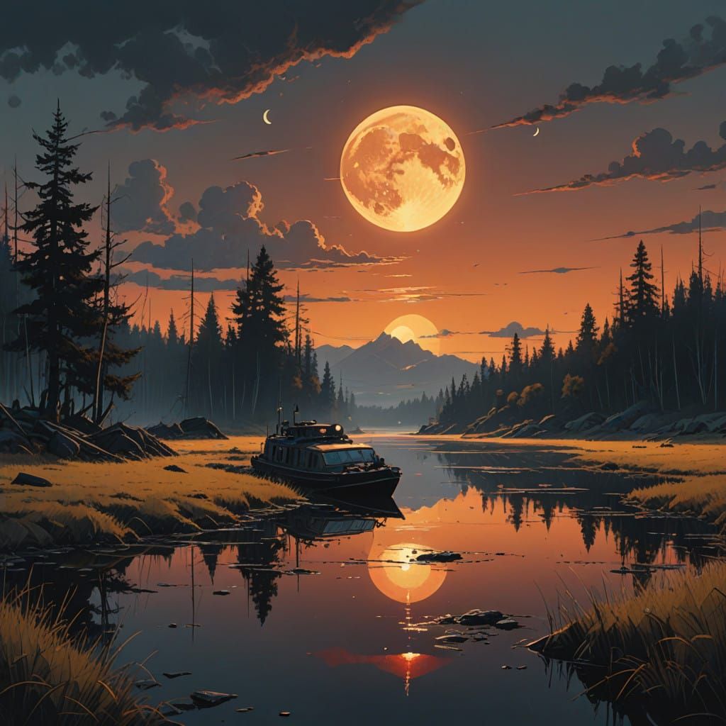 Golden Zen Landscape with Dark Lake and Shining Moon