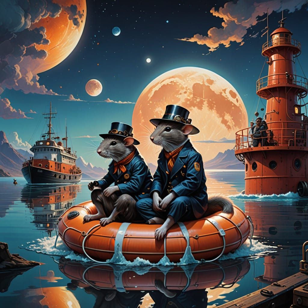 Majestic Pilgrim Rats on Lifebuoy Reflecting Sinking Steam V...