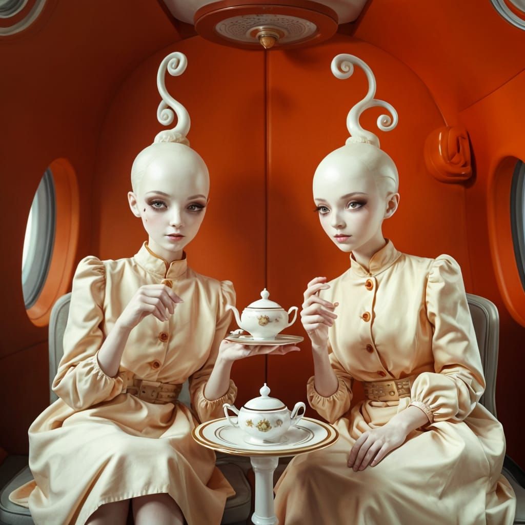 Surreal Tea Party in Retro-Futuristic Spacecraft