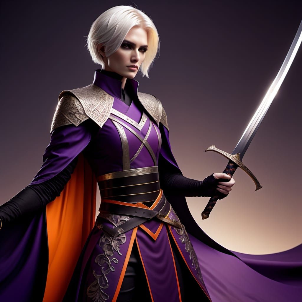 Elegant Androgynous Warrior with Platinum Blonde Hair and Vi...
