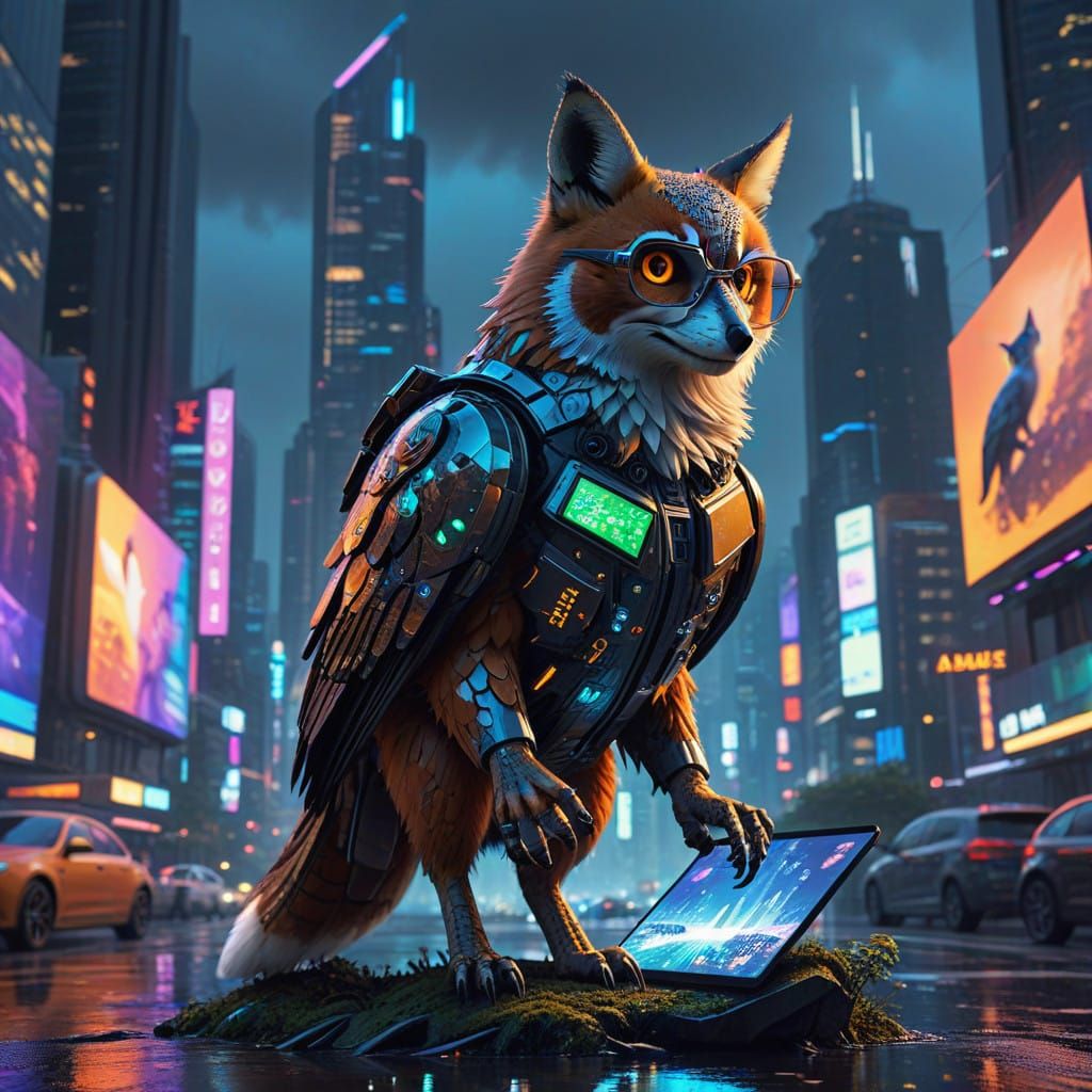 Cyberpunk Dreamscape with Urban Wildlife