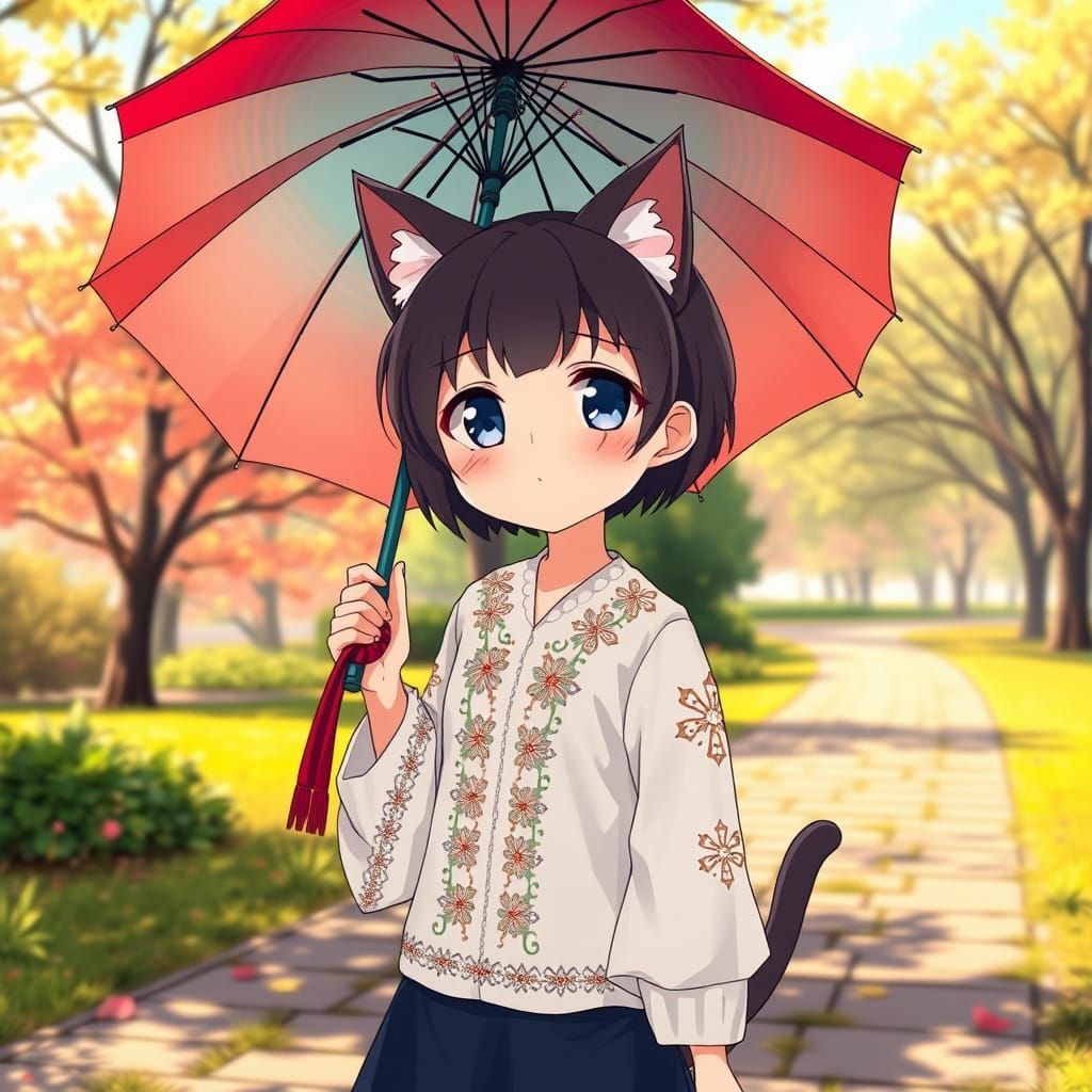 Anime Girl in Traditional Russian Attire Walks Through Morni...