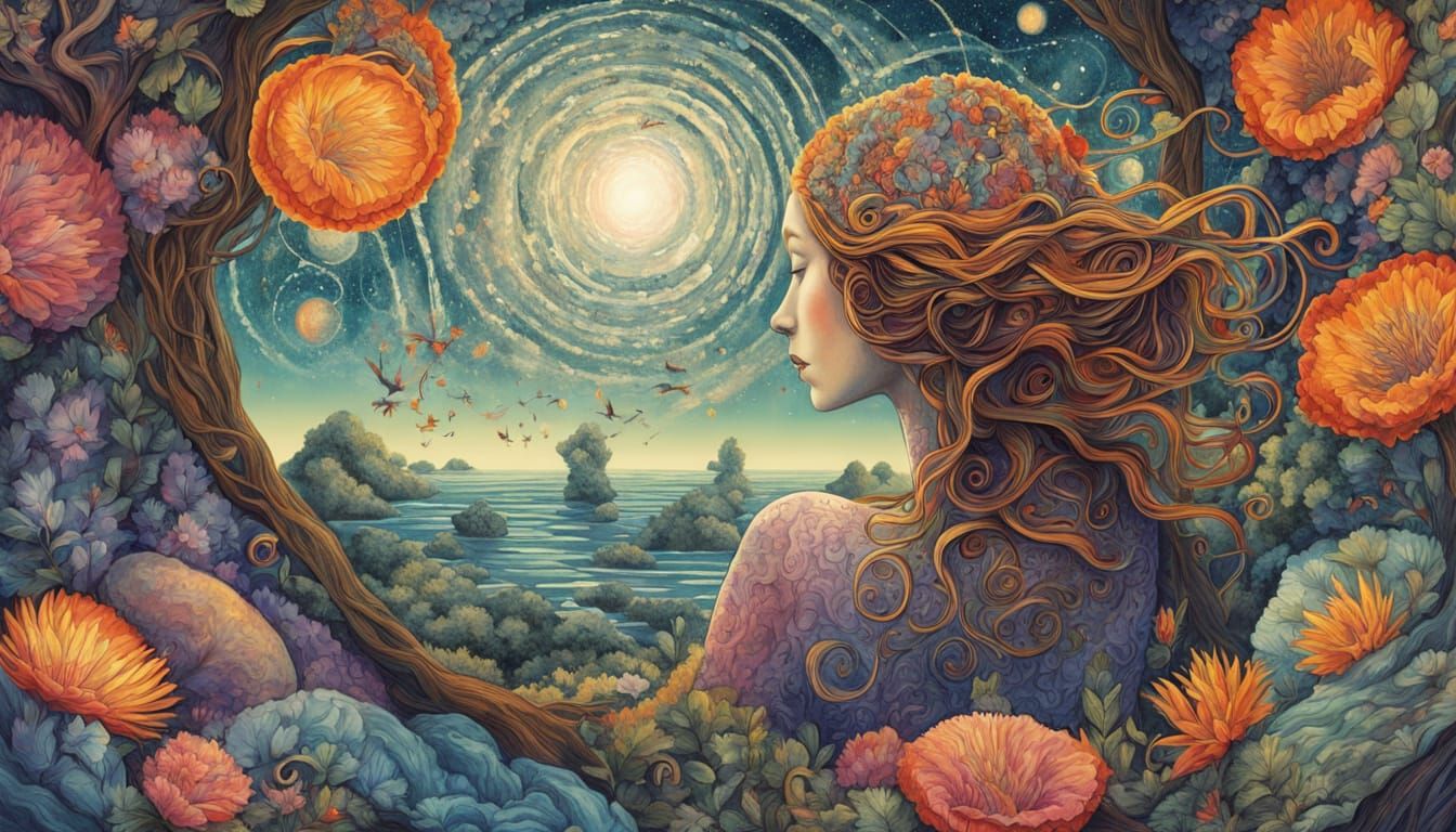 Dreaming Within a Crystalline Geode: Surreal Illustration