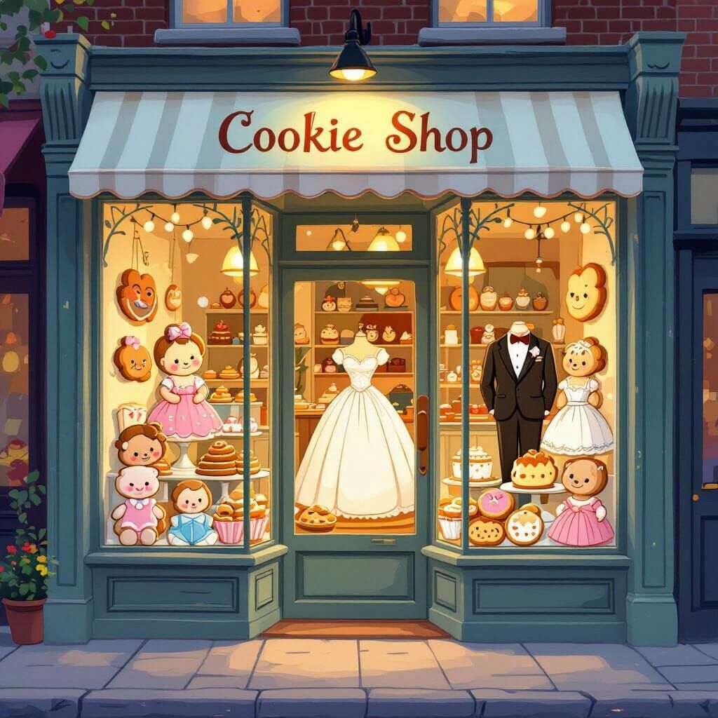 Charming Cookie Shop Facade with Whimsical Storybook Art