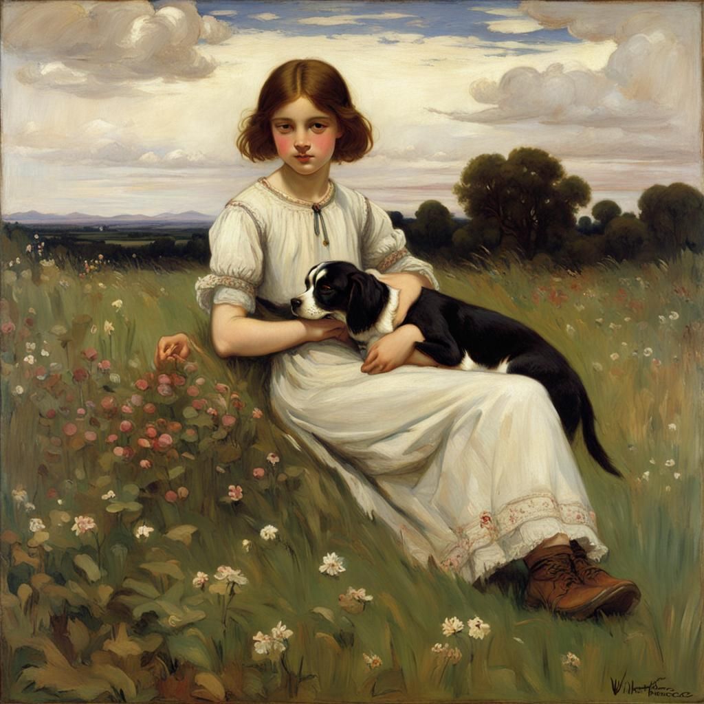 Girl and Dog in Meadow: Pre-Raphaelite Style