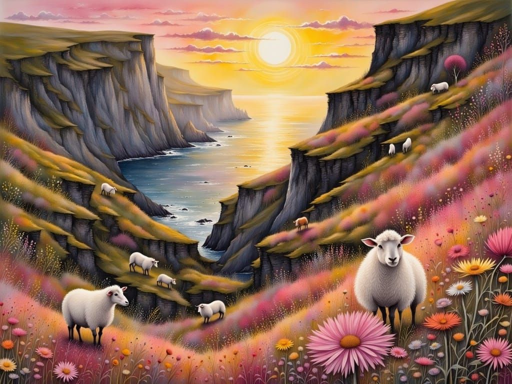 Shepherd and Sheep at Sunset: Intricate Art