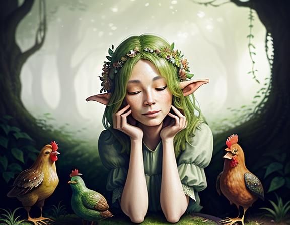 Goblin in Garden with Hens: Whimsical Illustration