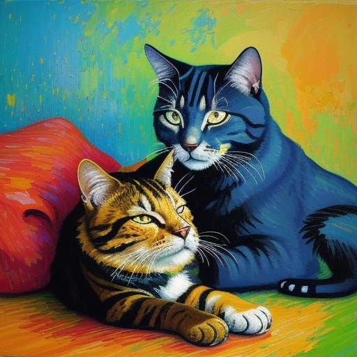 Neo-Impressionist Painting of Sleeping Dog and Cat