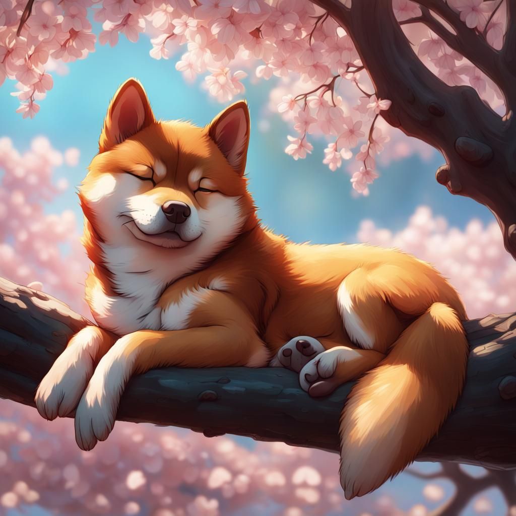 Sleeping Shiba Inu Portrait Under Cherry Tree