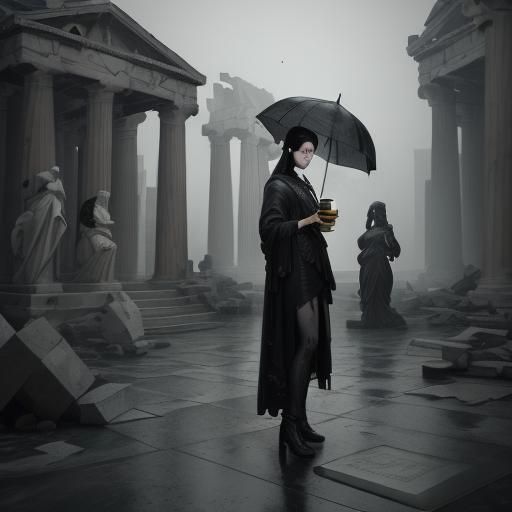 Gothic Model in Coffee Shop with Marble Statues