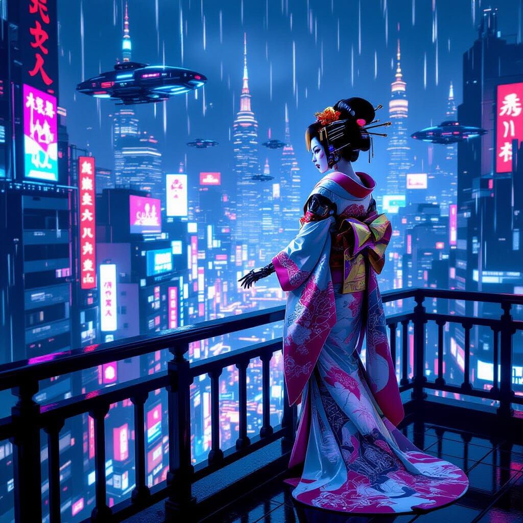 Cyborg Geisha in Neon Cyberpunk Metropolis