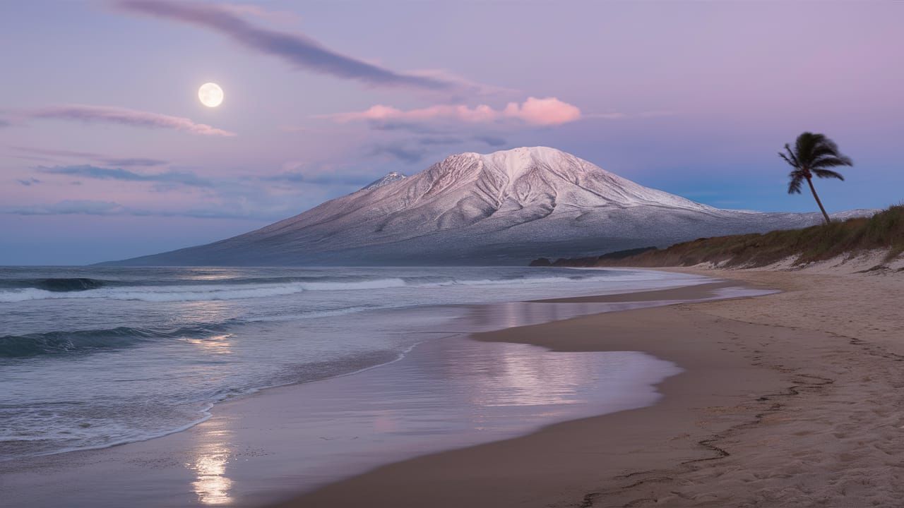 Moonlit Beach Landscape with Mountain