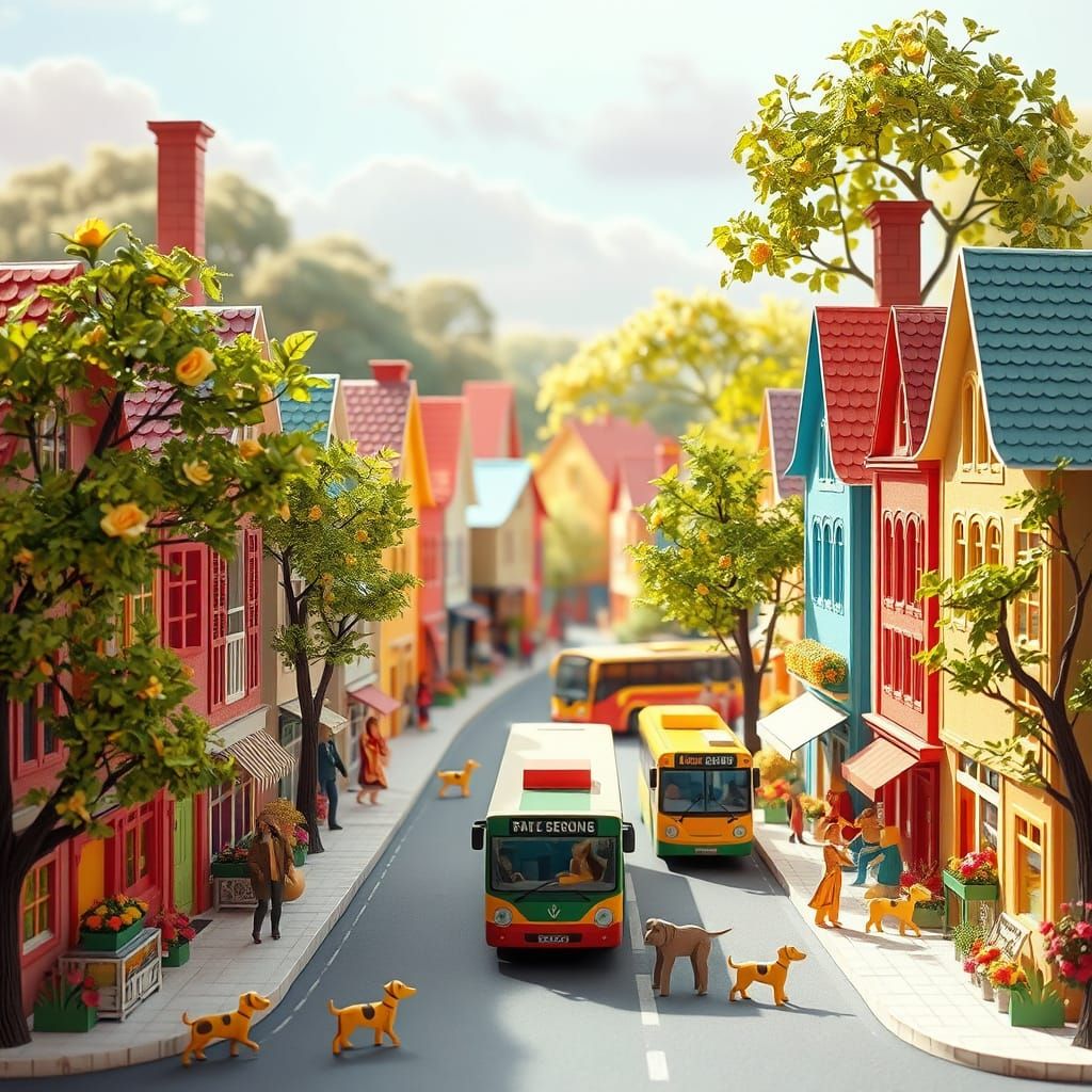 Whimsical Papercraft Town Diorama with People and Vehicles