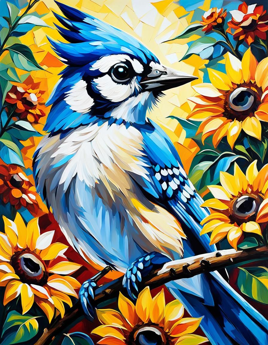 Blue Jay in Sunflower Tree: Neo-Impressionist Oil Painting