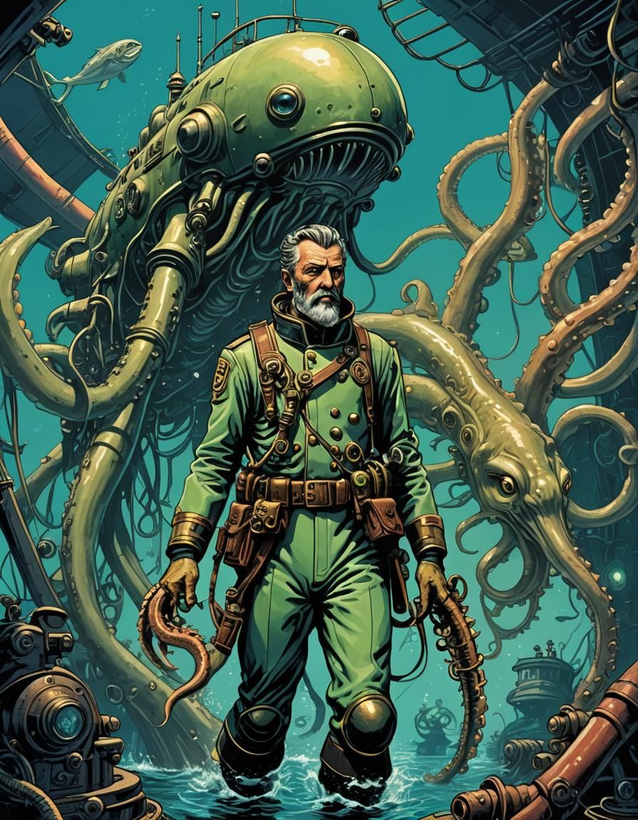 Captain Nemo and Giant Squid in Comic Style