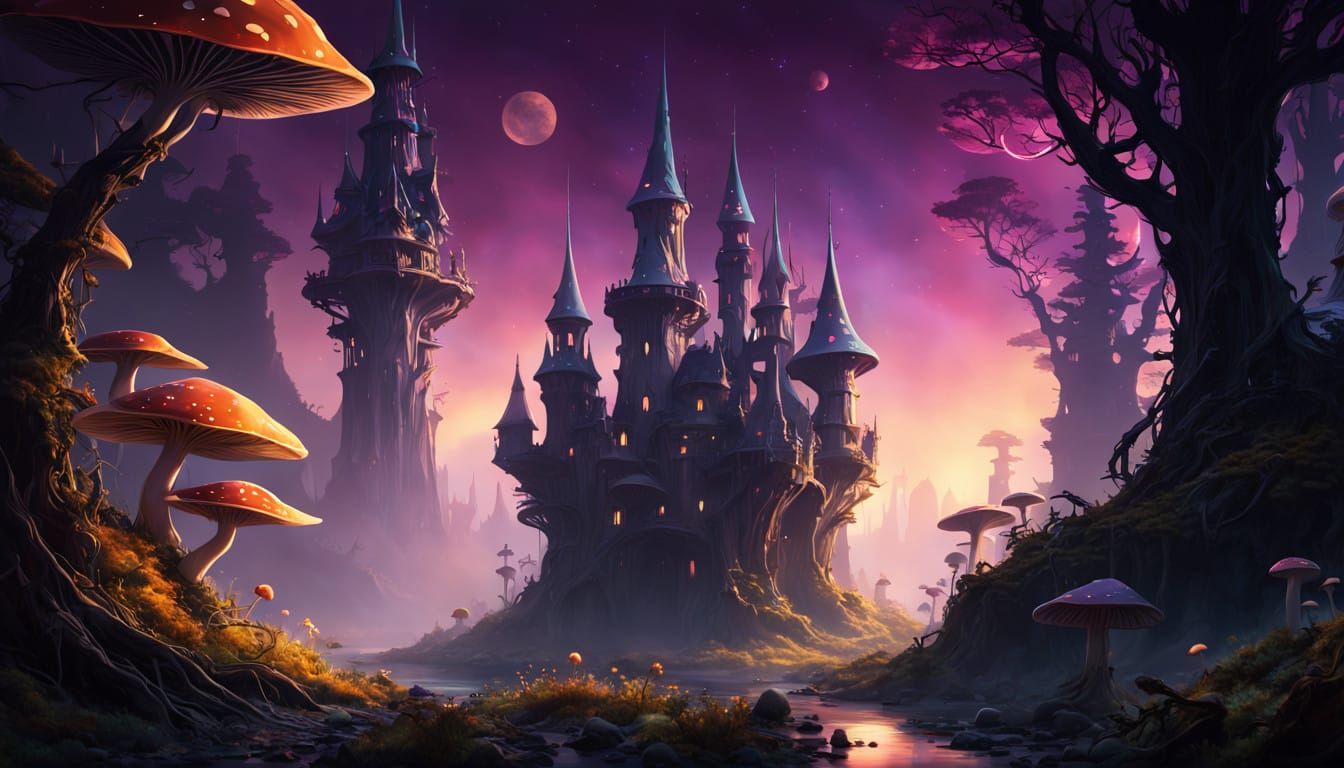 Ancient Fairy Mushroom Castle in Bioluminescent Forest