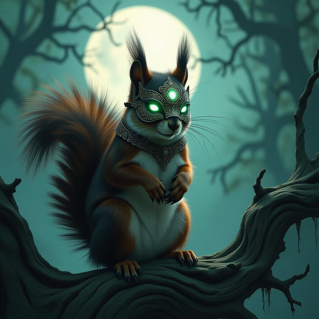 Mysterious Masked Squirrel in Moonlit Forest