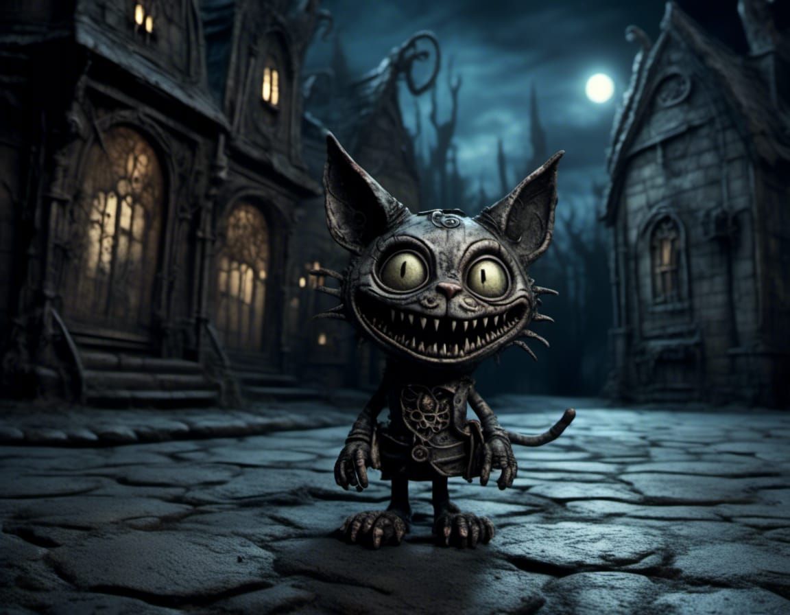 Gothic Cat Strutting in a Pop-up Book Style