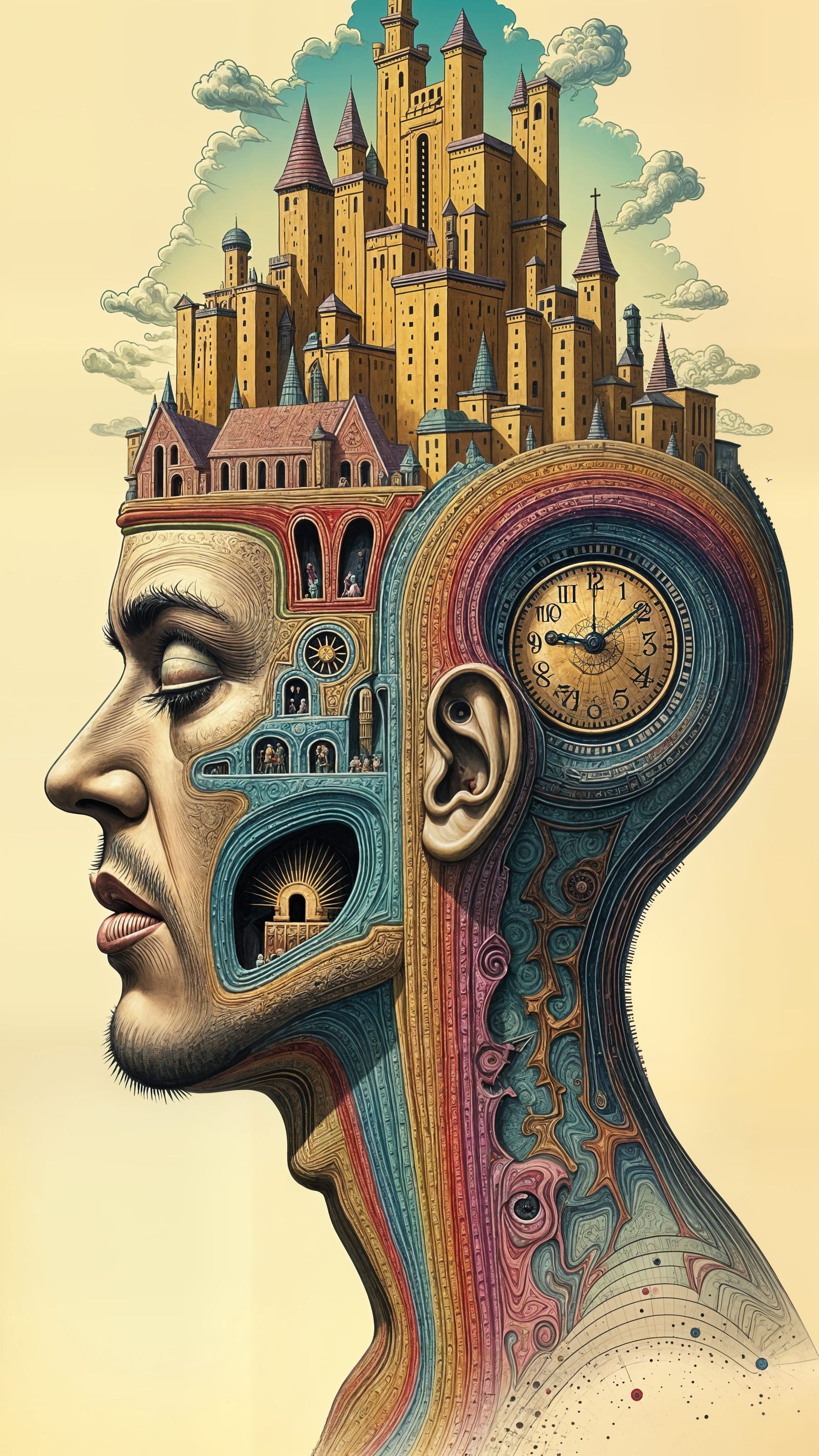 Miniature Society Inside Giant Head, Surreal Illustration