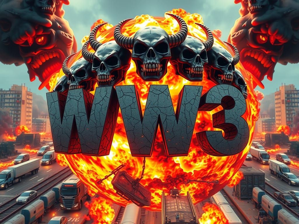 WW3 Devastation: Fiery Cityscape with Demonic Faces