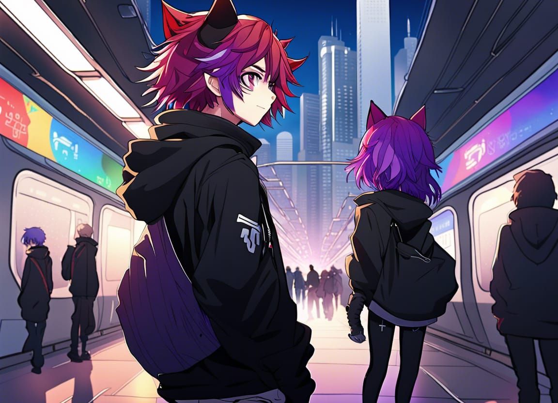 Anime Catboy in Cyberpunk Cityscape