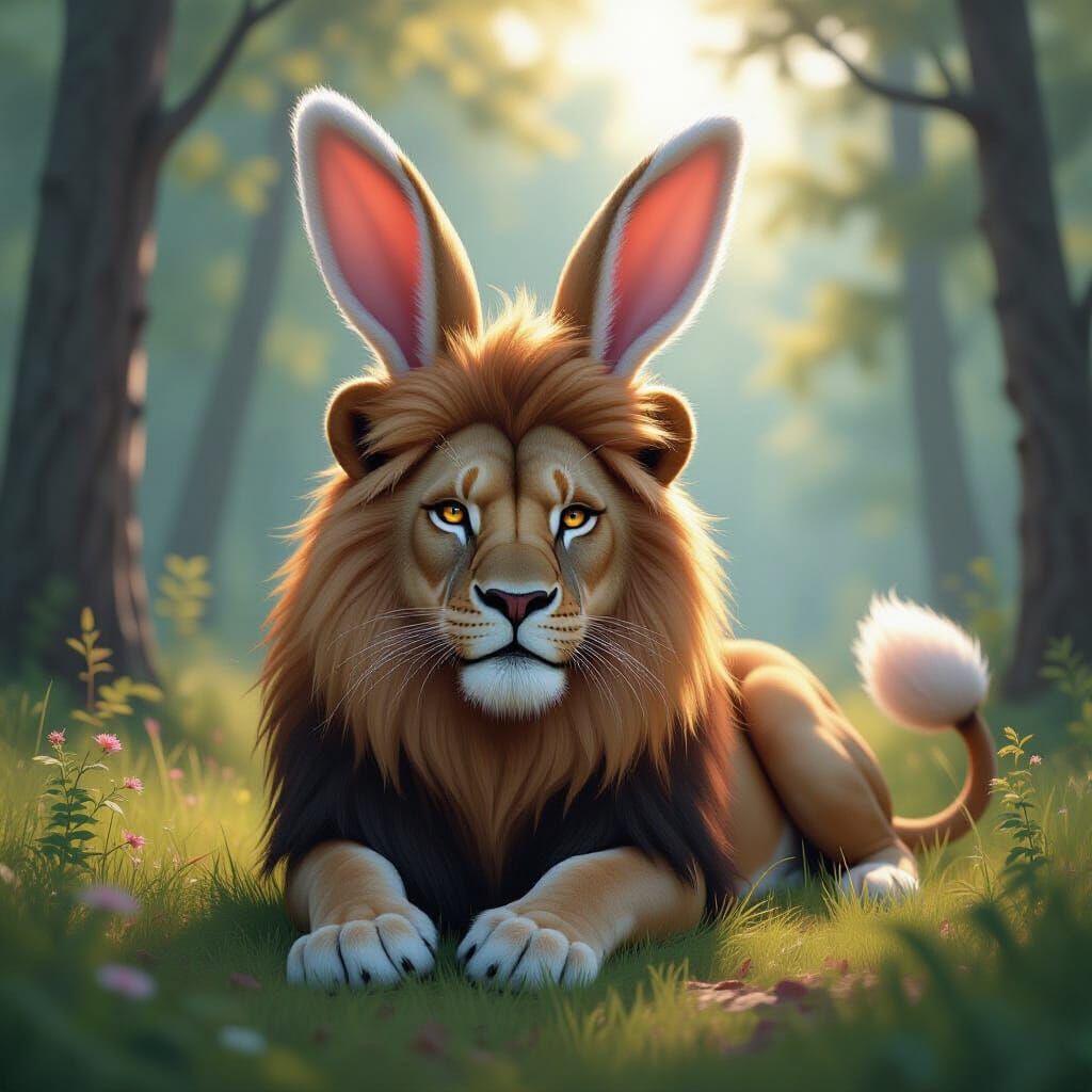 Lion-Bunny Hybrid in Serene Forest, Dreamy Realistic Style