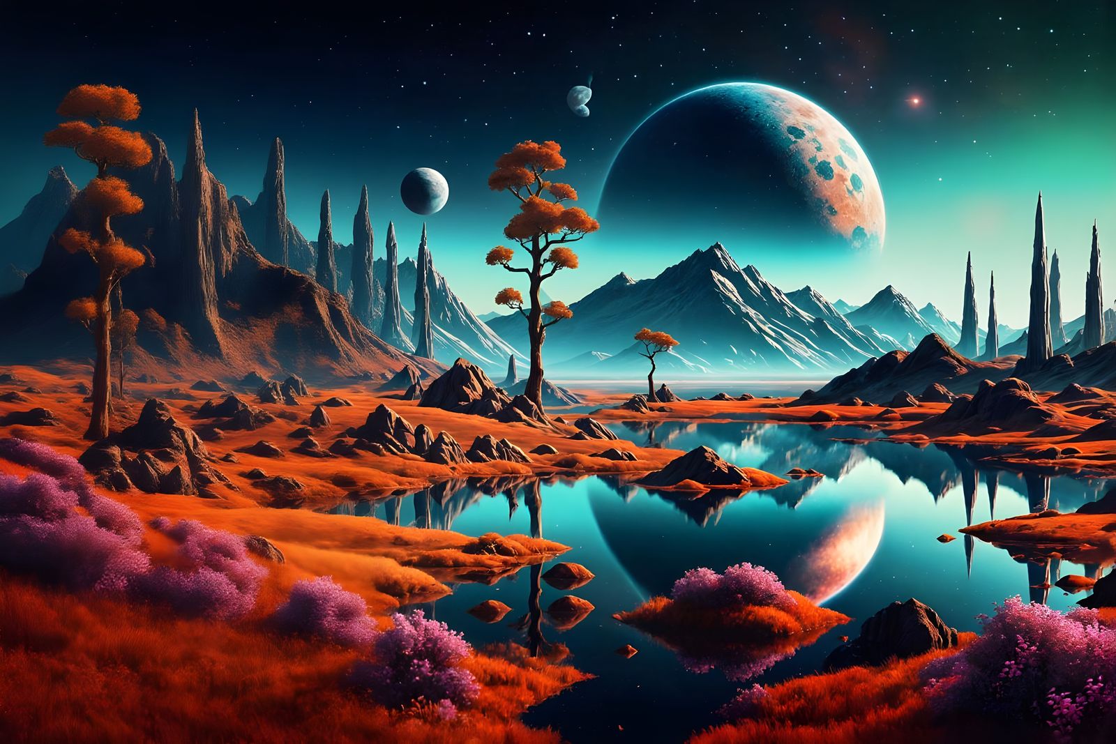 Surrealistic Mercury Lake Scene with Alien Spacecraft