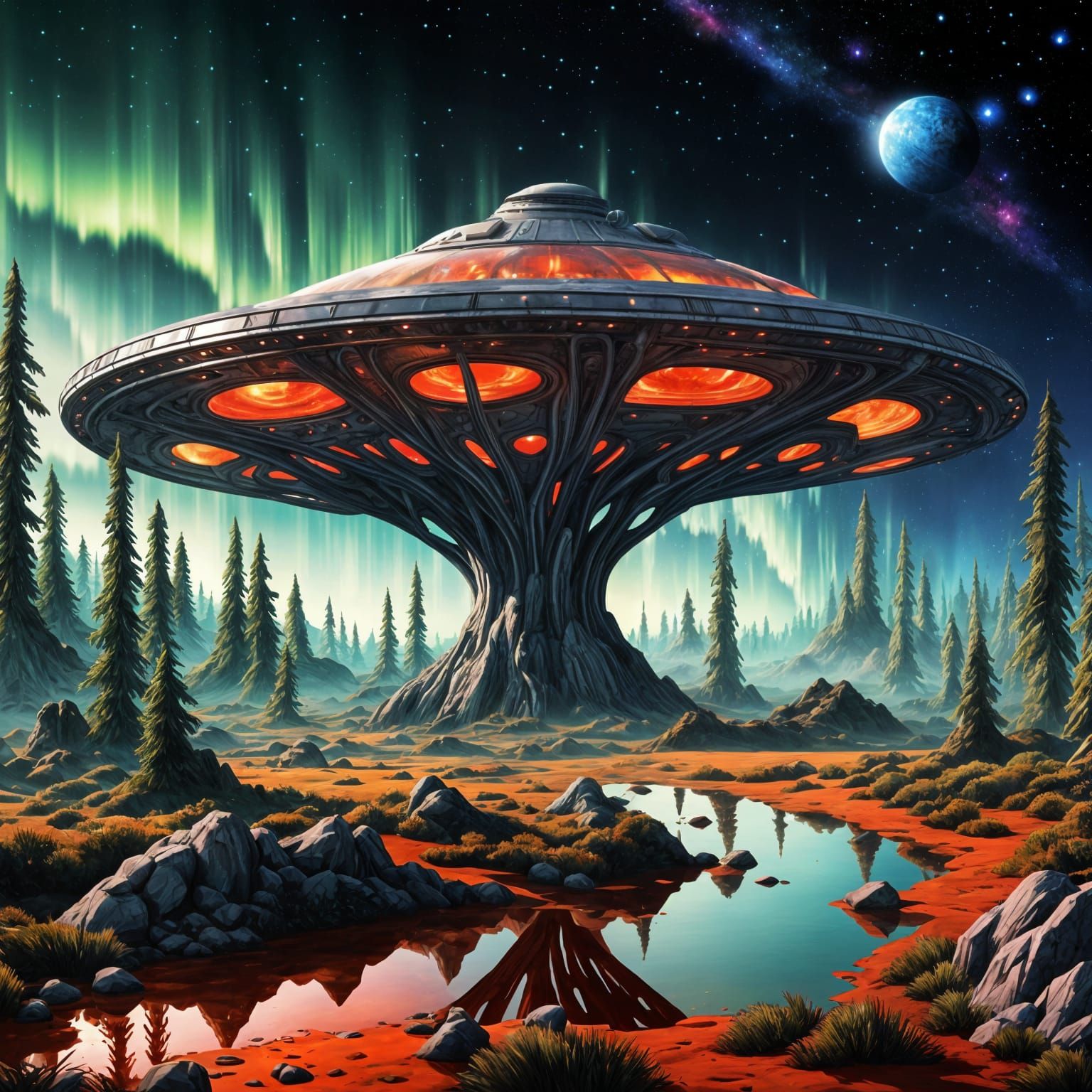 Surrealistic Distant Planet Scene with Alien Spacecraft and ...