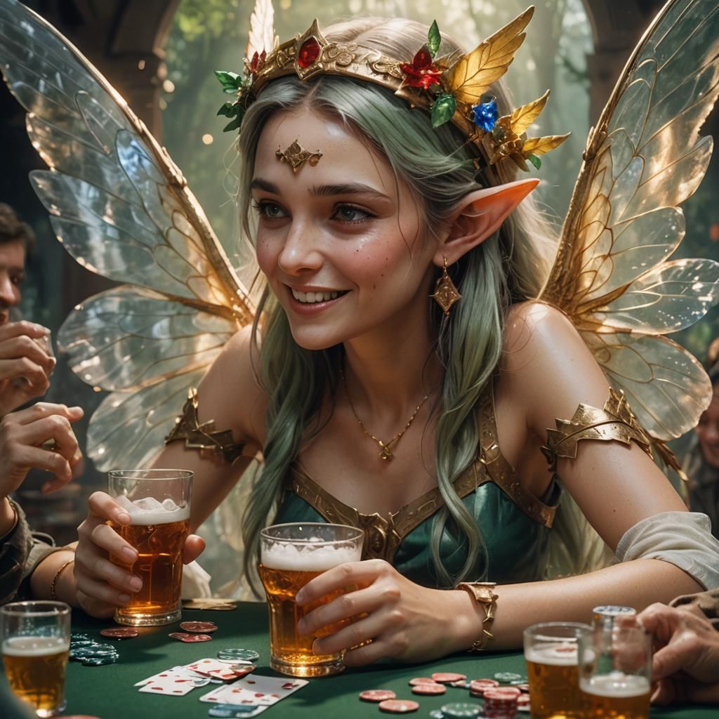 Angel and Elf King Play Poker in Cinematic Scene