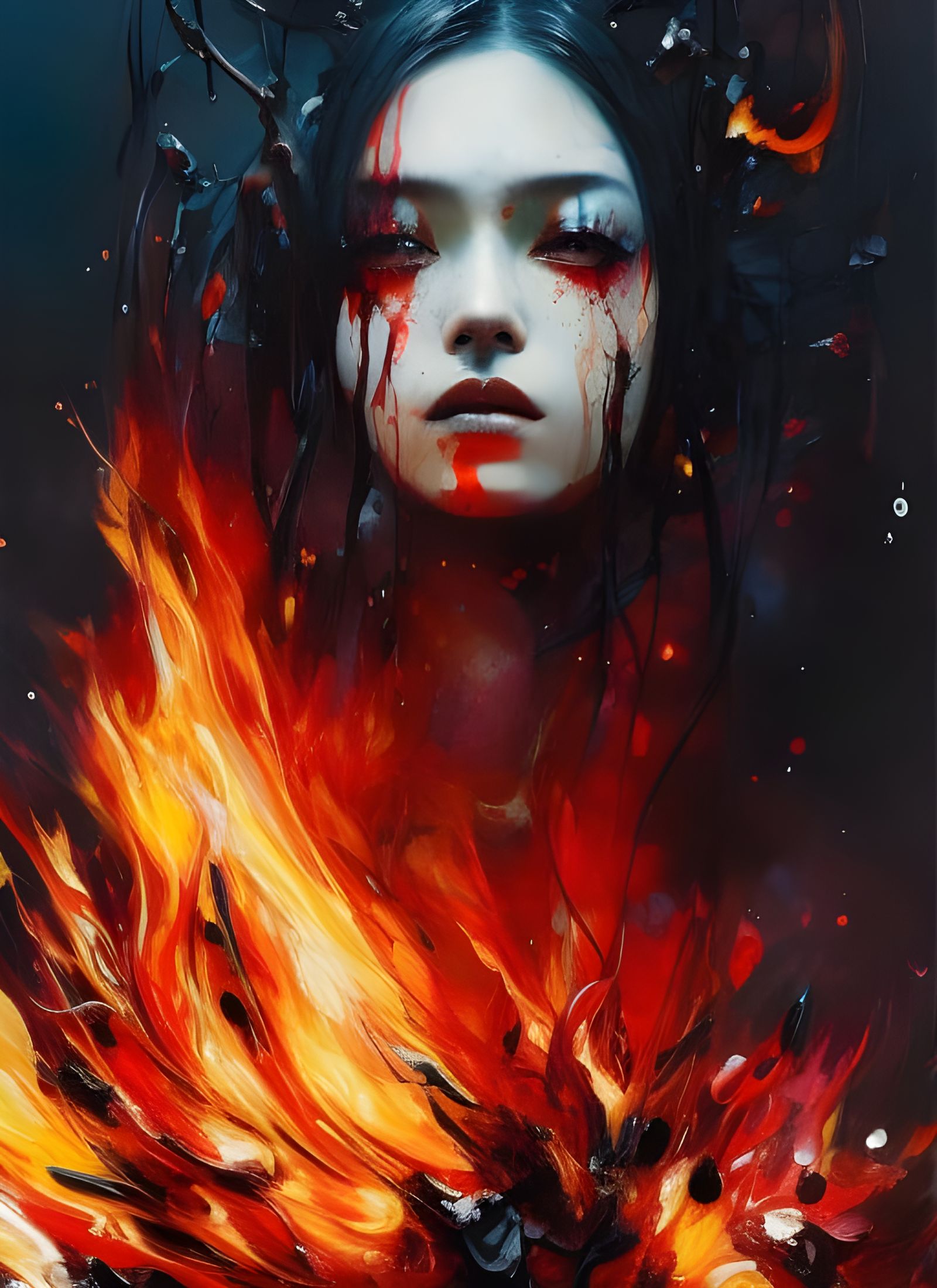 Sad Girl Burning: Hyperdetailed Gouache Illustration