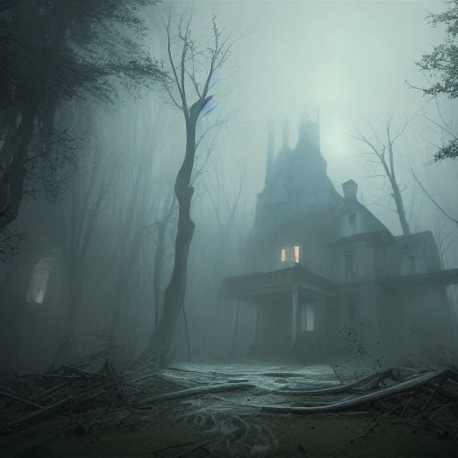 Haunted Mansion in Foggy Forest, Dark Fantasy Art