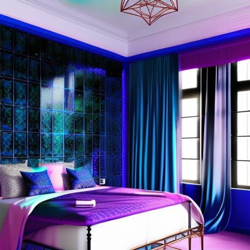 Ethereal bedroom with black tiles on the walls with vibrant purple tiles accents& cobalt blue tiles accents& rose gold t...