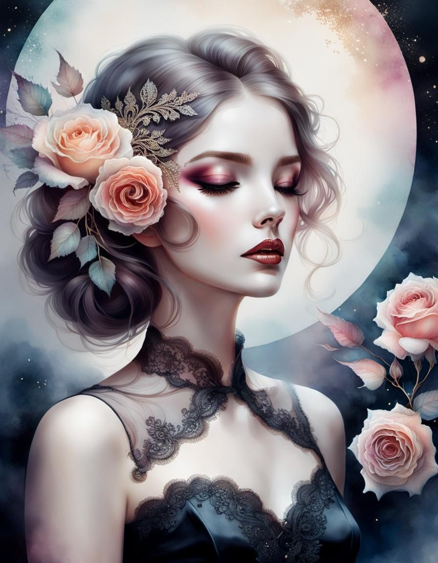 Melancholy Woman with Rose Ornament in Watercolor Style