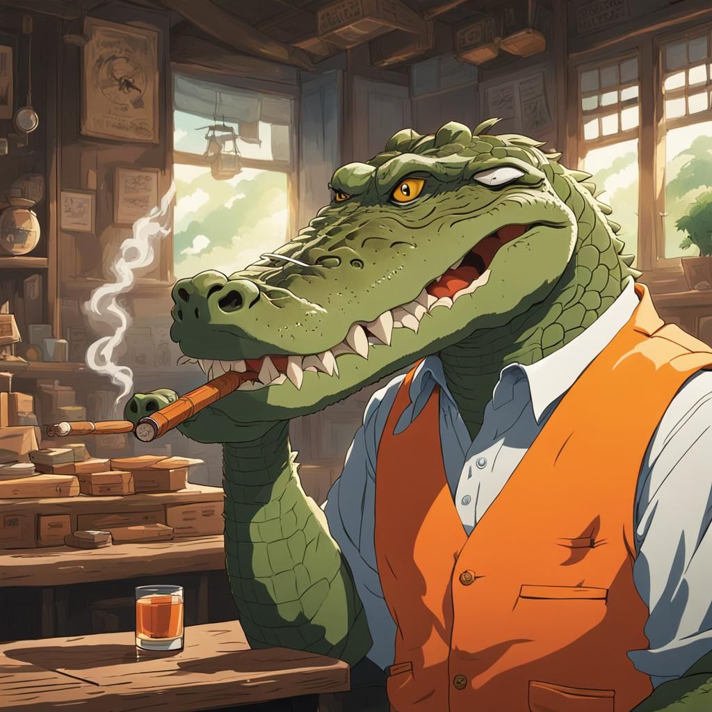 Buff Crocodile with Cigar in Ghibli Anime Style
