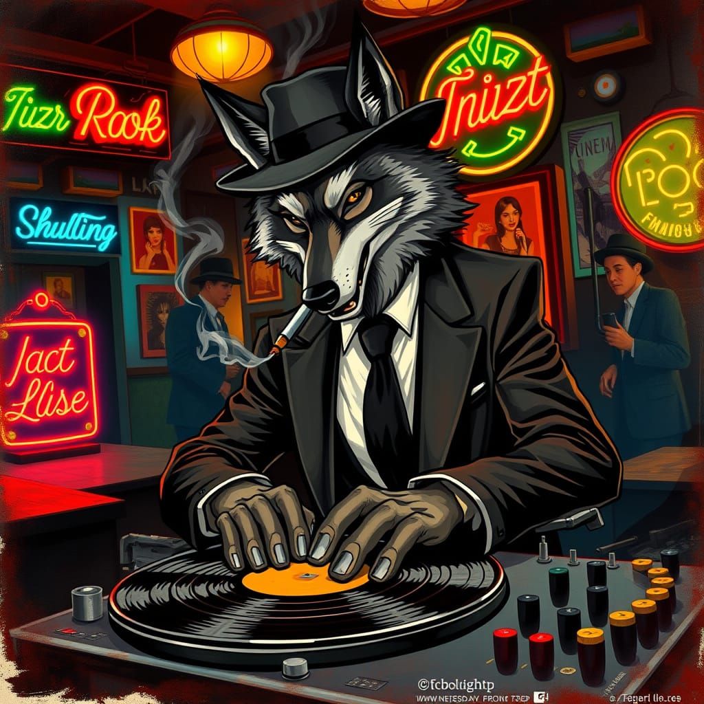 An anthropomorphic wolf DJ spinning records in a smoky jazz club, the wolf is wearing a zoot suit and fedora. The club i...