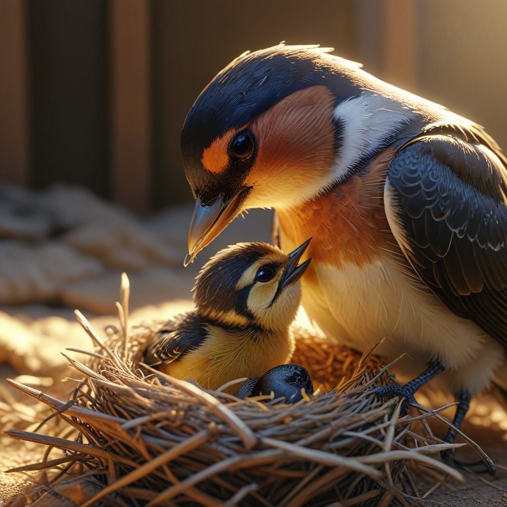 Swallow Feeding Young: Hyper-Realistic Digital Art
