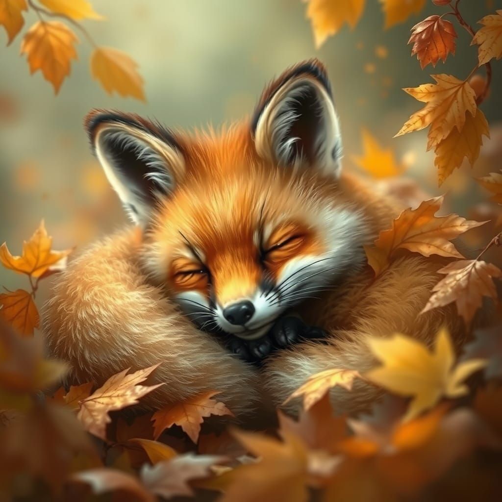 Baby Fox Sleeps in Autumn Leaves, Kinkade Style