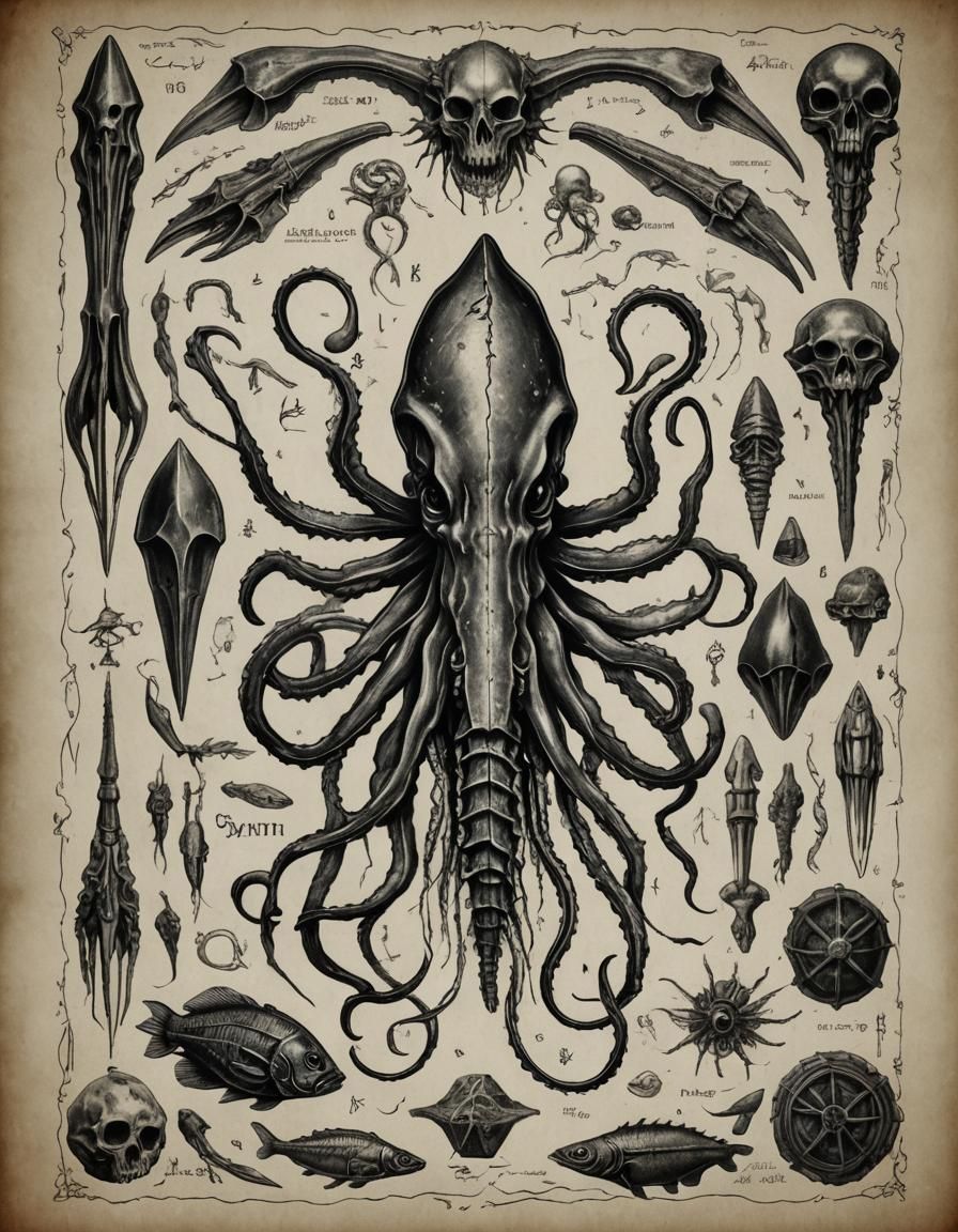 Anatomical Horror Drawing: Squid, Insect, Fish